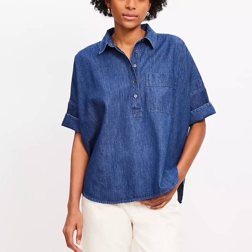 Loft Petite Chambray Dolman Henley Shirt Women’s Size SP Blue Dark Wash Denim